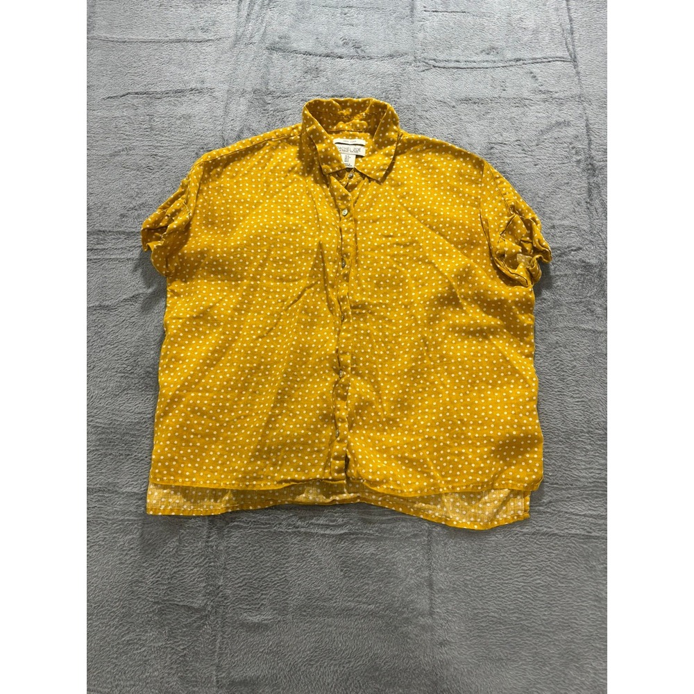Rachel Zoe Linen Blouse Women Small Yellow Polka Dot Button Front Short Sleeve - Picture 2 of 9